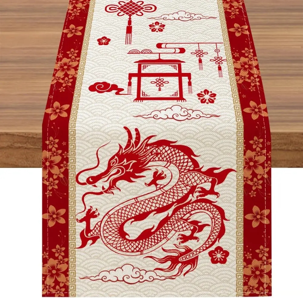 Spring Festival Year of Dragon Linen Table Runner Happy Chinese New Year 2024 Holiday Party Home Kitchen Dining Table Decoration