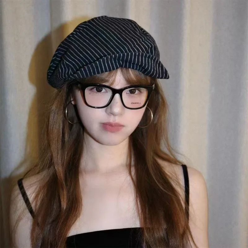 Women Striped Cotton Linen Beret Trendy Artistic Vintage Painter Newsboy Hat Spring Summer Face Slimming Daily Street Cap