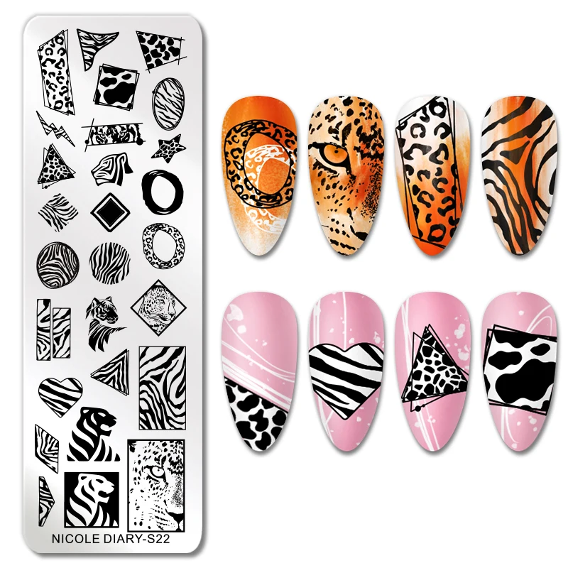 NICOLE TAGEBUCH Nagel Stanzen Platten Leopard Zebra-Print Bild Edelstahl Herz Linie Blume Schablonen Für Nagellack Vorlagen