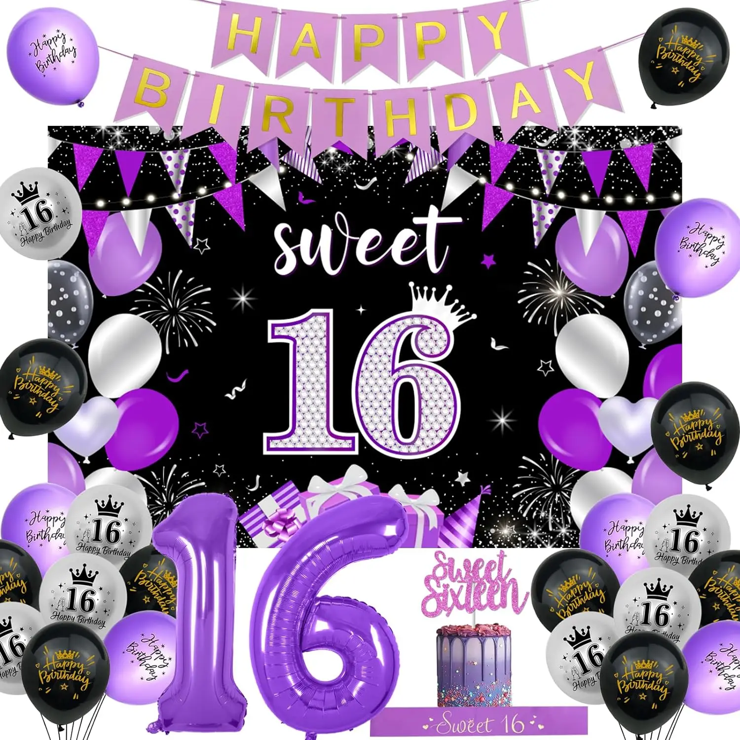 Sweet 16th Birthday Decor for Girls with Happy Birthday Banner Cake Topper Purple Black Sweet 16 Birthday Backdrop Sweet 16 Sash