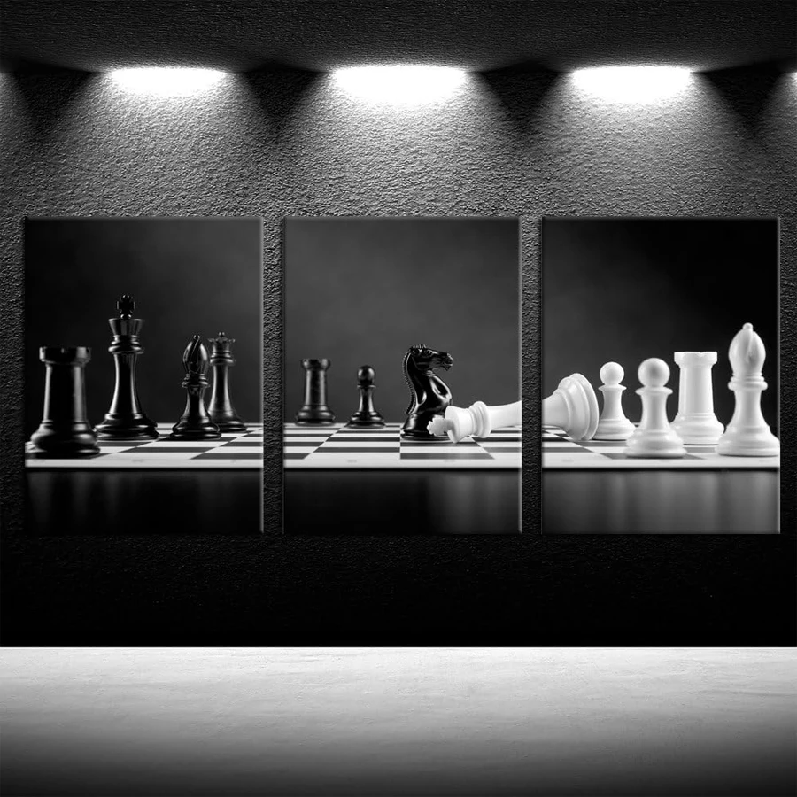 3 panel modern black and white chess board diamond painting wall art inspection companion moving chess board picture home decor