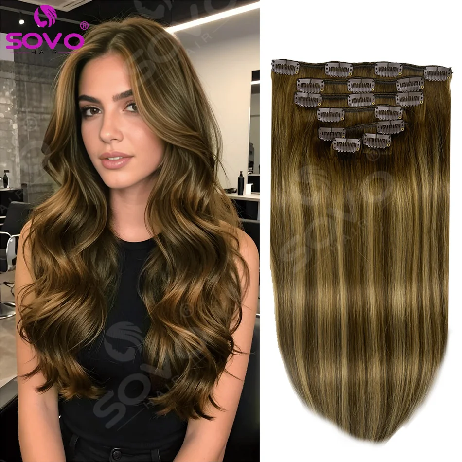 

Накладные пряди на клипсах 15A, 100% натуральные волосы Реми, для женщин, балаяж, темно-коричневый с каштаново-коричневым оттенком