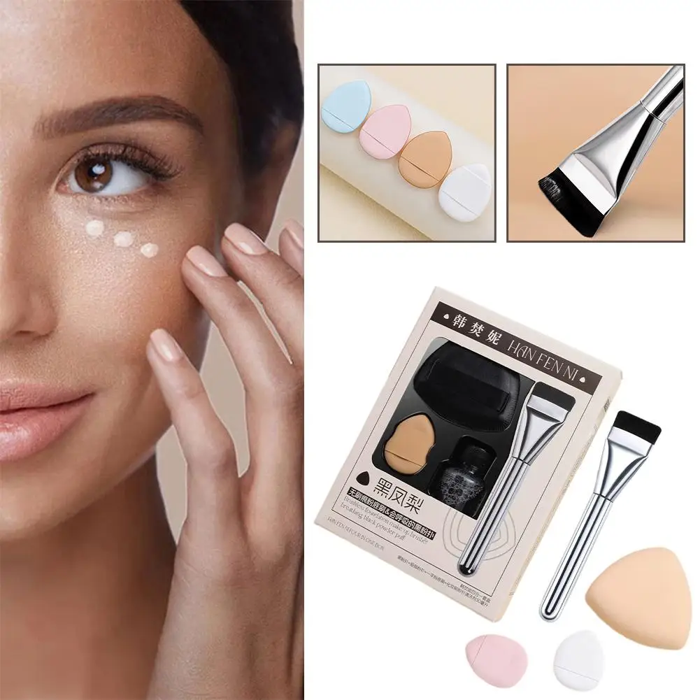 Esponja de maquillaje triangular negra con limpiador, base de cabeza plana, cepillo limpiador de aire, herramienta para dedo, esponja correctora, Mini cojín O5S4
