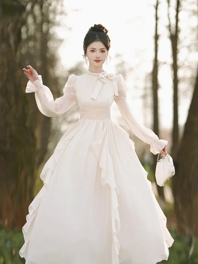 ربيع الخريف المرأة Fairycore فستان الأميرة الوقوف طوق الماس الشيفون القوس فستان الحفلات أنيقة المؤنث الكشكشة ميدي فستان