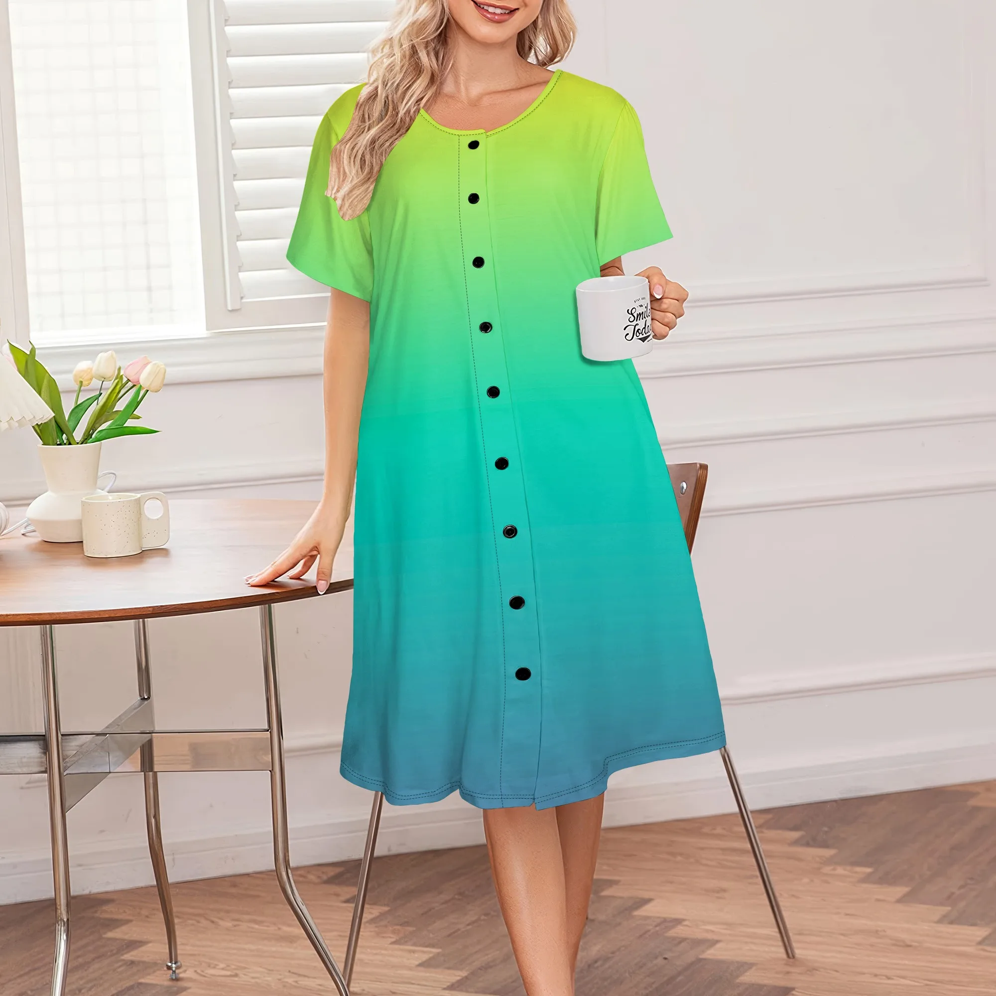 

Women's Summer Dress Ombre Print Round Neck Button Loose Breathable Midi Skirt for Shopping Mall Date Brunch Outing