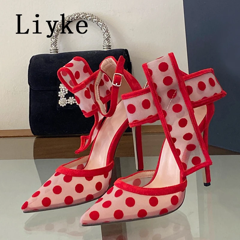 

Liyke Polka Dot Bow Pumps Red Mesh Pointed Toe Stiletto Heels Side Butterfly Knot Sandal Women Evening Party Shoes Zapatos Mujer