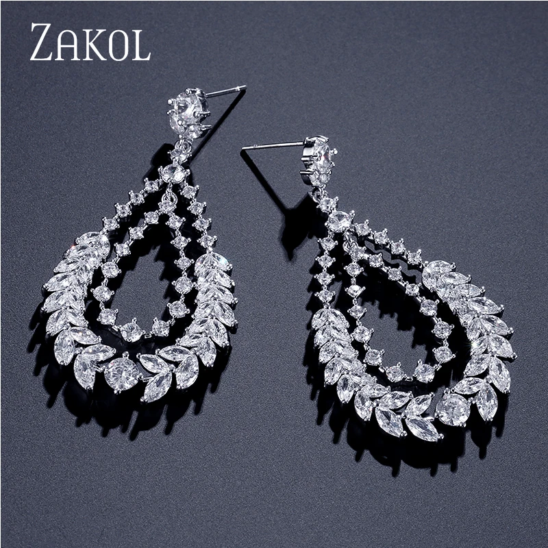 ZAKOL Designe Leaf Cubic Zirconia CZ Dangle Earrings for Elegant Women Bridal Wedding Party Jewelry FSEP2172