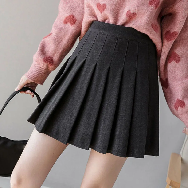 Autumn Winter Solid Color Thick Woolen Pleated Skirt Women Preppy Style JK Black Skirts Female Anti-Glare High Waist Mini Skirt