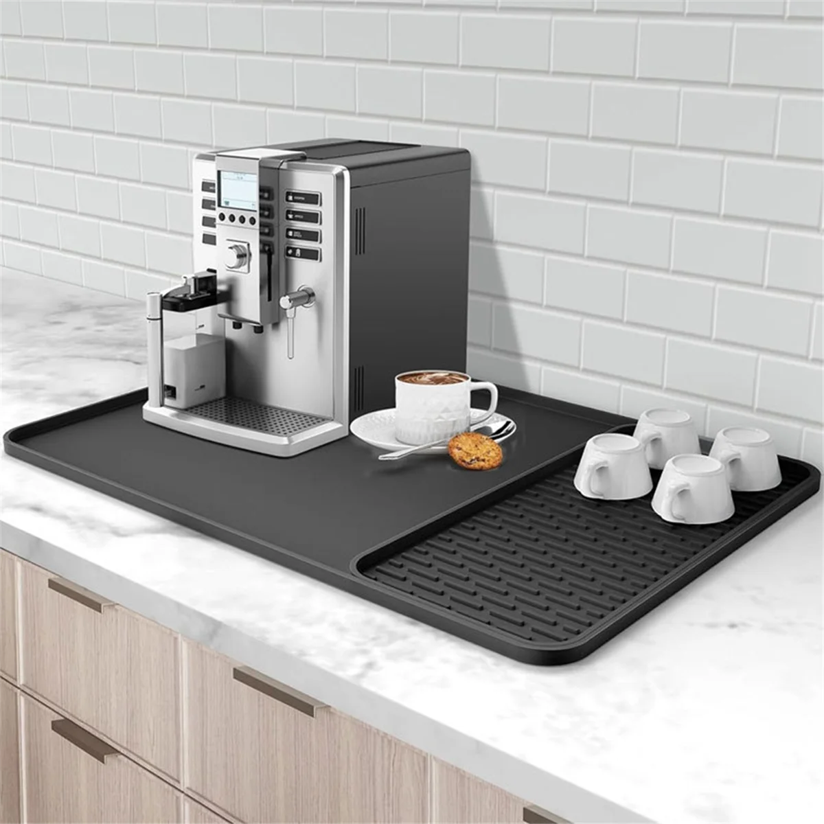 Coffee Maker Mat for Countertops 15.75x23.6In Coffee Bar Mat with Detachable Dish Drying Mat Raised Spill Proof Edges