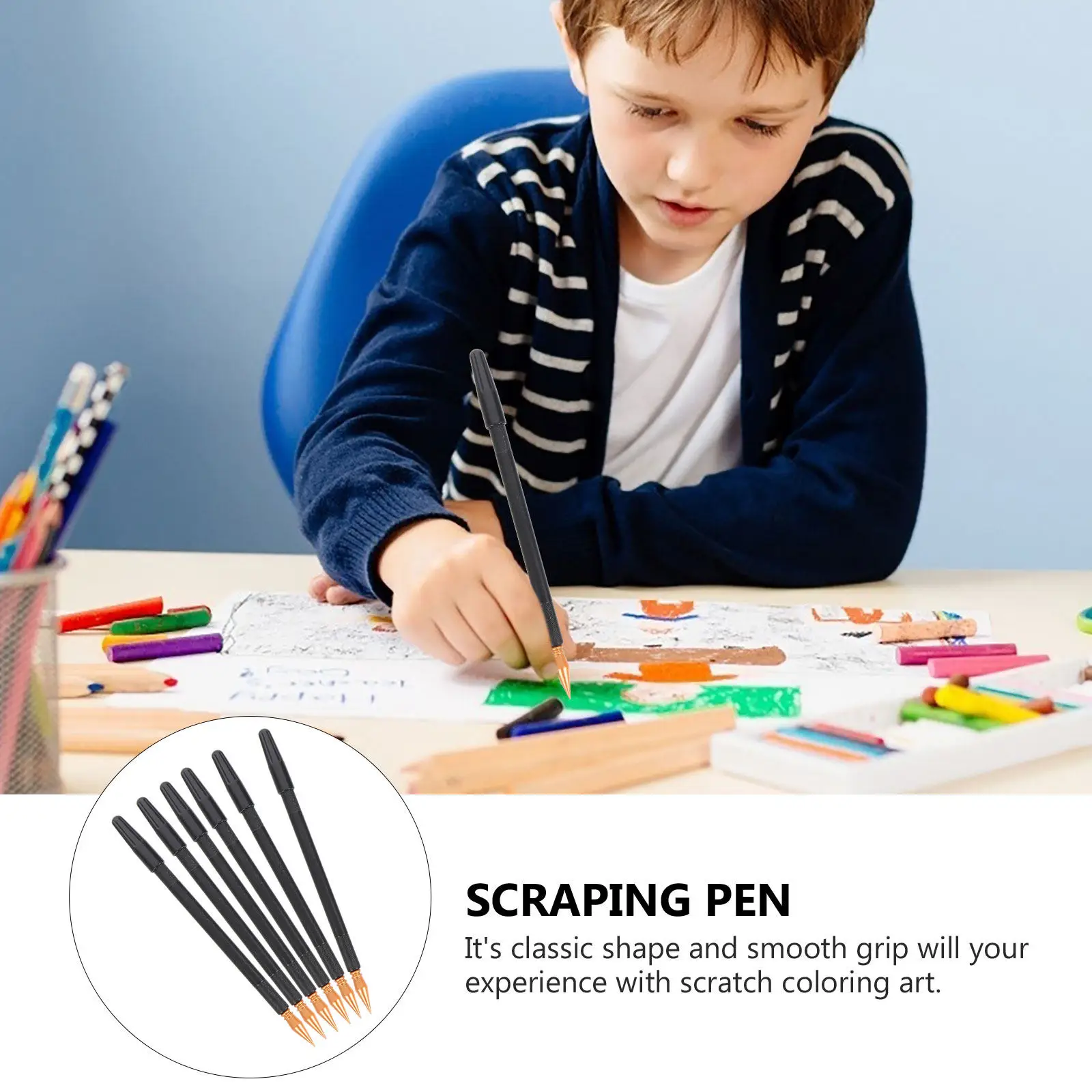 6Pcs Scratch Pen Expert Grade Dual Tip Smooth Curved Body Easy Scratch Off for Coloring Art Scraping Drawing Stylus Pens