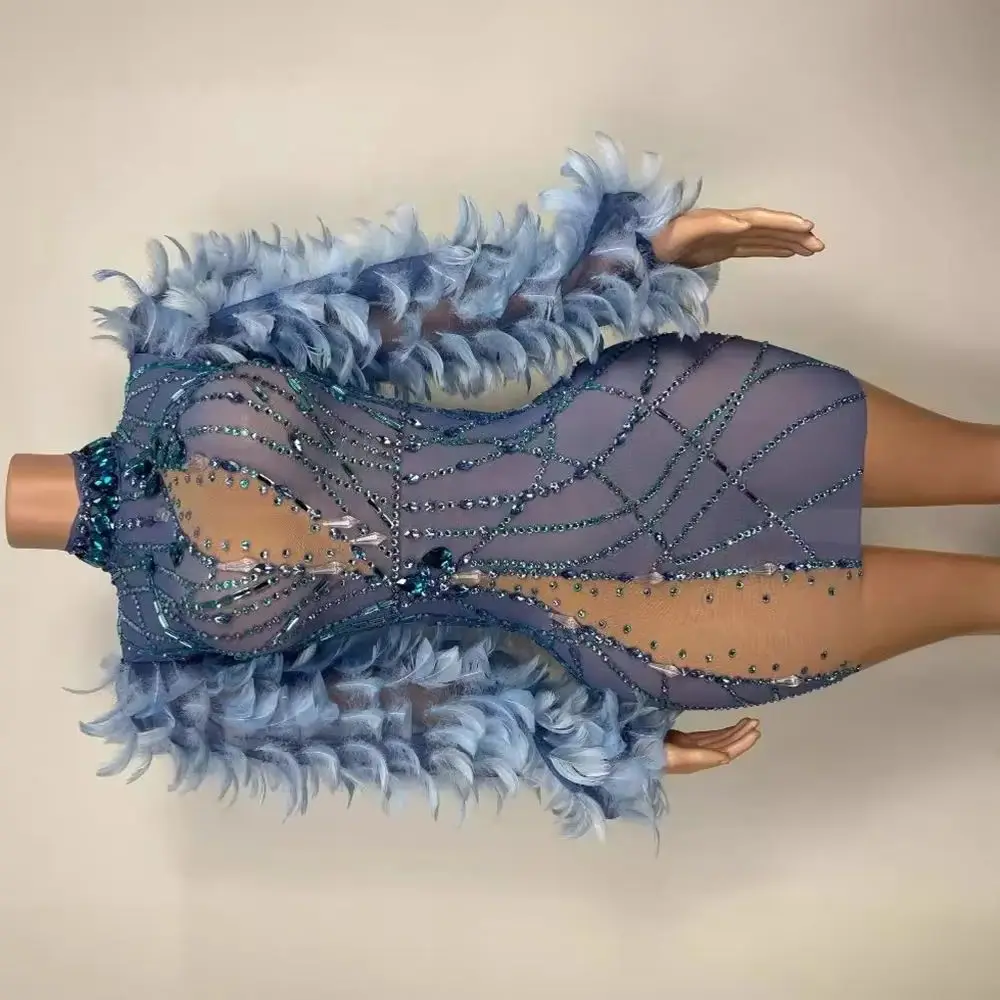 

Blue Birthday Dress Rhinestones Feather Sleeves Evening Prom Celebrate Women Photography Wear Sexy Singer Show Stage Wear