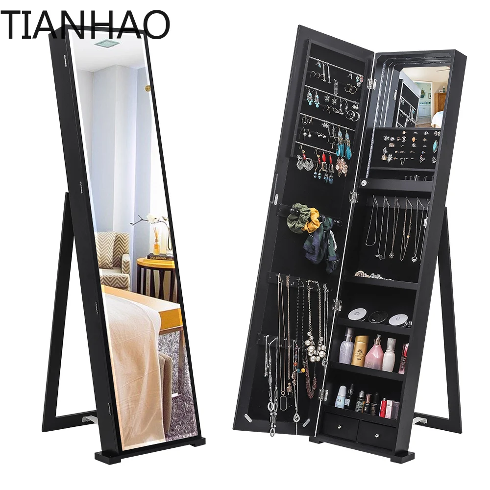 79 Blue Led Jewelry Cabinet, Jewelry Storage Cabinet, Upright Jewelry Cabinet with Long Mirror(Black)