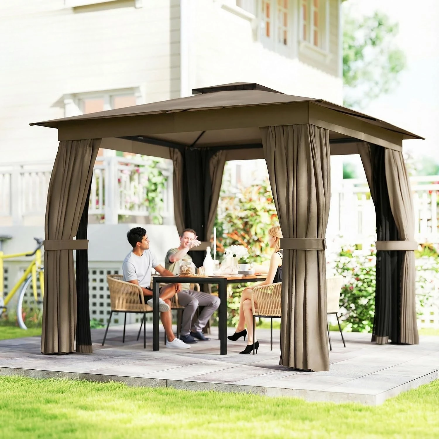 Outdoor Patio Gazebo Canopy, Freestanding Garden Sun Shade Pavilion Shelter With Ventilated Double Tiered Roof For Backyard Lawn Deck, Khaki, One Piece