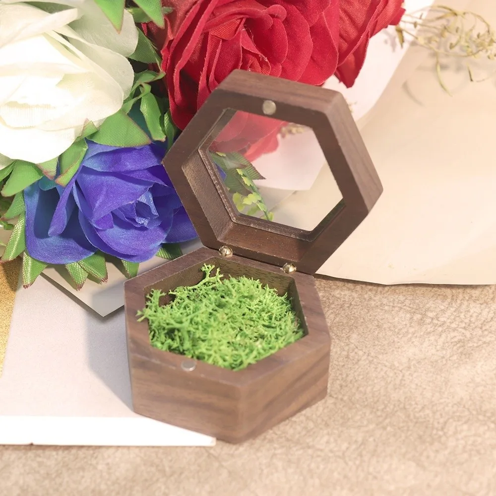 New Wooden Jewelry Box Retro Hexagon Lover Ring Display Box Storage Holder Love Gift
