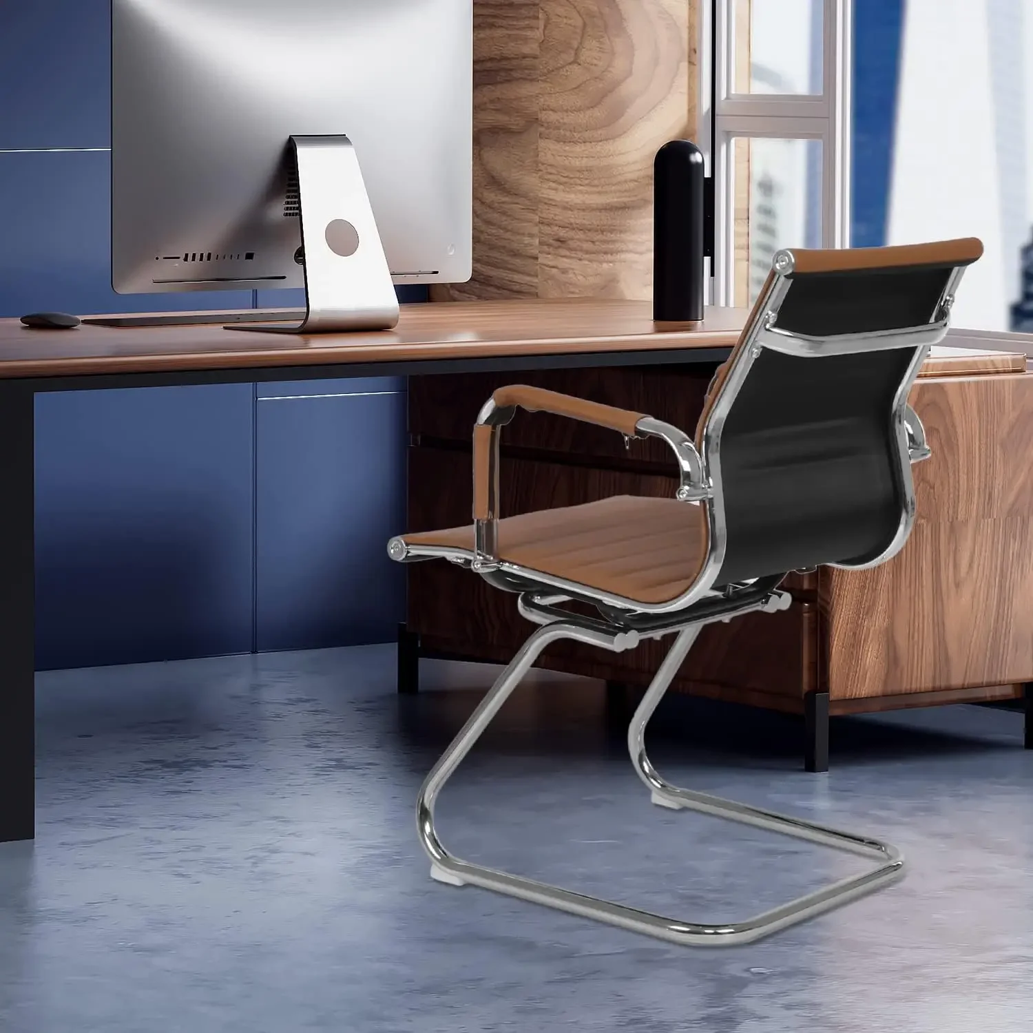 Office Guest Chair Without Wheels PU Leather Mid-Back Sled Base Chairs for Reception Desk Waiting Meeting Conference Room, 2 Pie