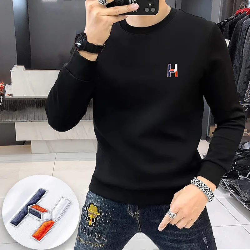 Men's Luxury Round Neck Sweater Brief H Letter Embroidery Fashion Pullover Plush Hoodies Casual Bottom T-shirt Man Clothing 4XL