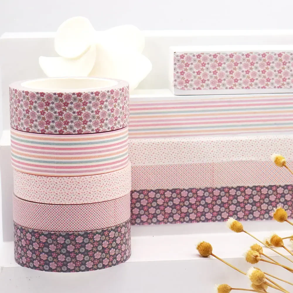 5PCS 15mm*10M Pink Colorful Stripes Flowers Floral Decorative Washi Tapes Scrapbooking Masking Tape stationery tape sticker