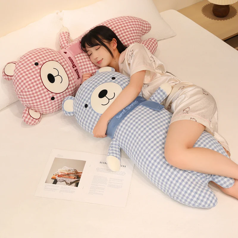 

Long Grid Bear Sleeping Pillow Side Sleeping Leg Clamp Pillow Cute Bear Pillows Bed Cushion Pillow Cartoon Print Decorate Plush