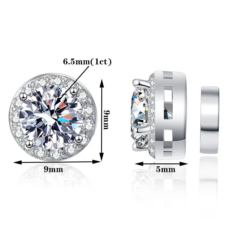 JECIRCON 1 Carat Moissanite Earrings S925 Sterling Silver No Hole Magnetic Classic Round Bag Men's and Women's Moissanite Studs