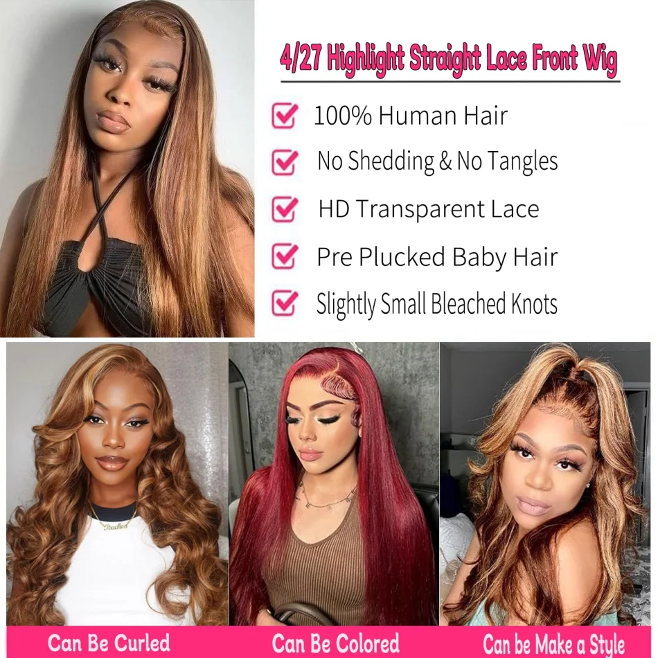 427 Highlight Wig Human Hair 13X6 Hd Lace Frontal Wig Straight Human Hair Wigs 30 38 Inch Preplucked Brazilian Black 200 Density image 5