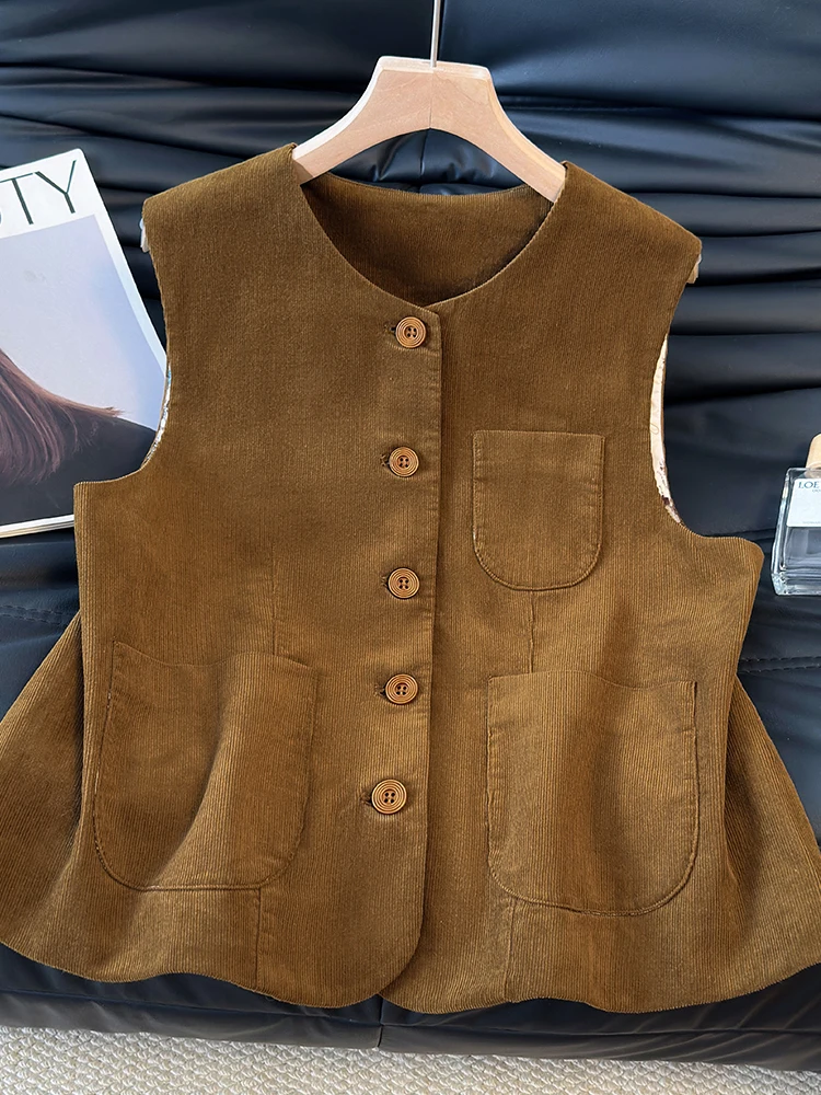Classic Single-Button Sleeveless Vintage Corduroy Vest Jacket Autumn New Style Fashionable Versatile Women's Outerwear