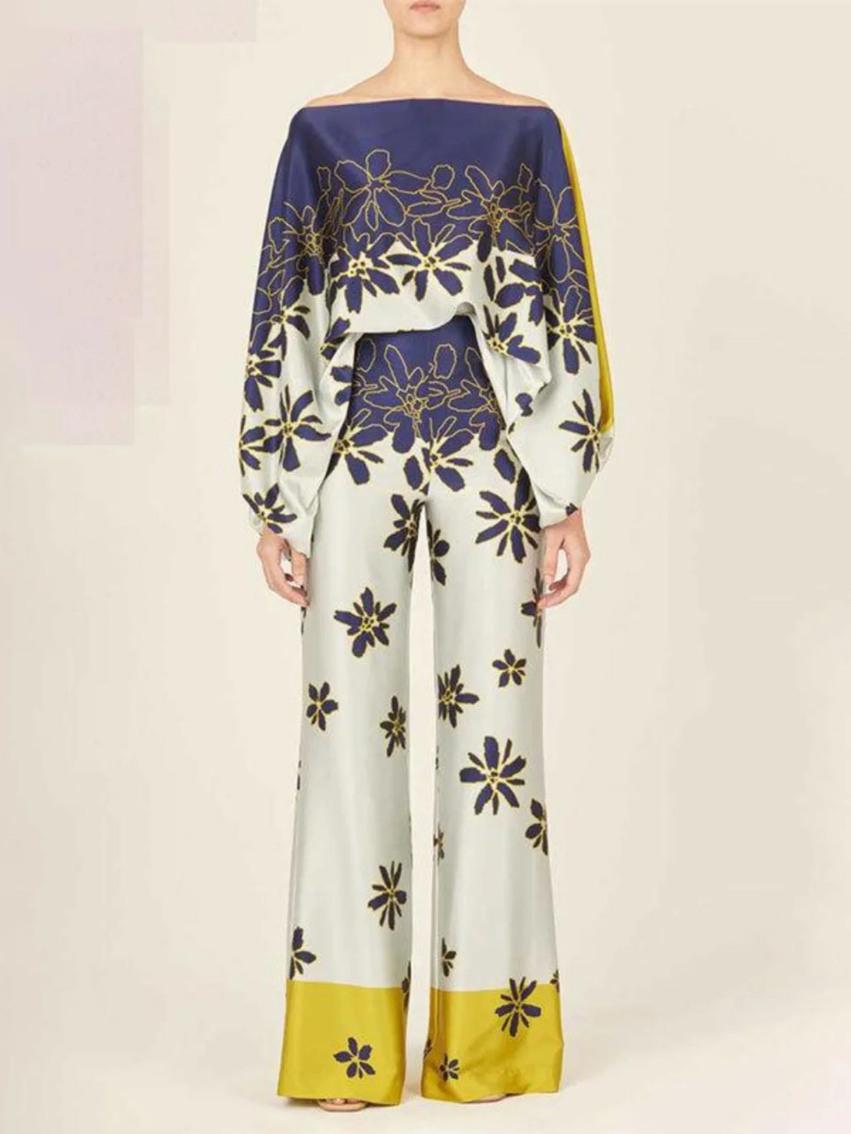 

Printed Casual Loose Top Wide Leg Pants Faion Suit Set Long Sve round Ne Two-Piece Polyester Spring Season Women's Wear