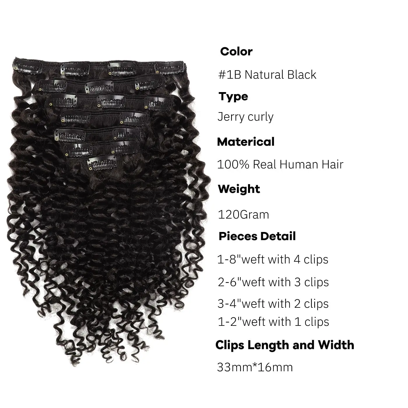 3B and 3C Curly Clip in Human Hair Extensions Real Human Hair Double Weft Jerry Curly Natural Black Color For Women 120g/set