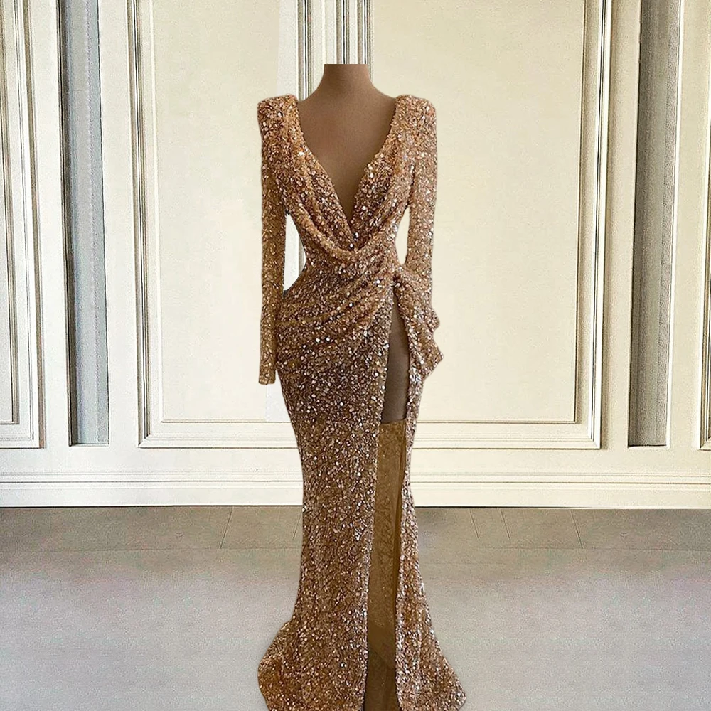 Long Sequined Evening Dresses 2022 Long Sleeve V-neck Sexy High Slit Mermaid Rose Gold Dubai Women Formal Party Gowns Graduation