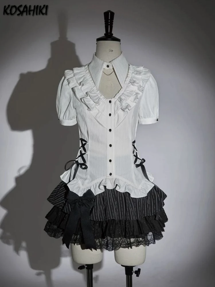 

Japanese 2 Piece Sets Women Irregular Ruffled Slim Fit Bandage Blouse + High Waist Lace Patchwork Skirts Y2k Aesthetic Outifits