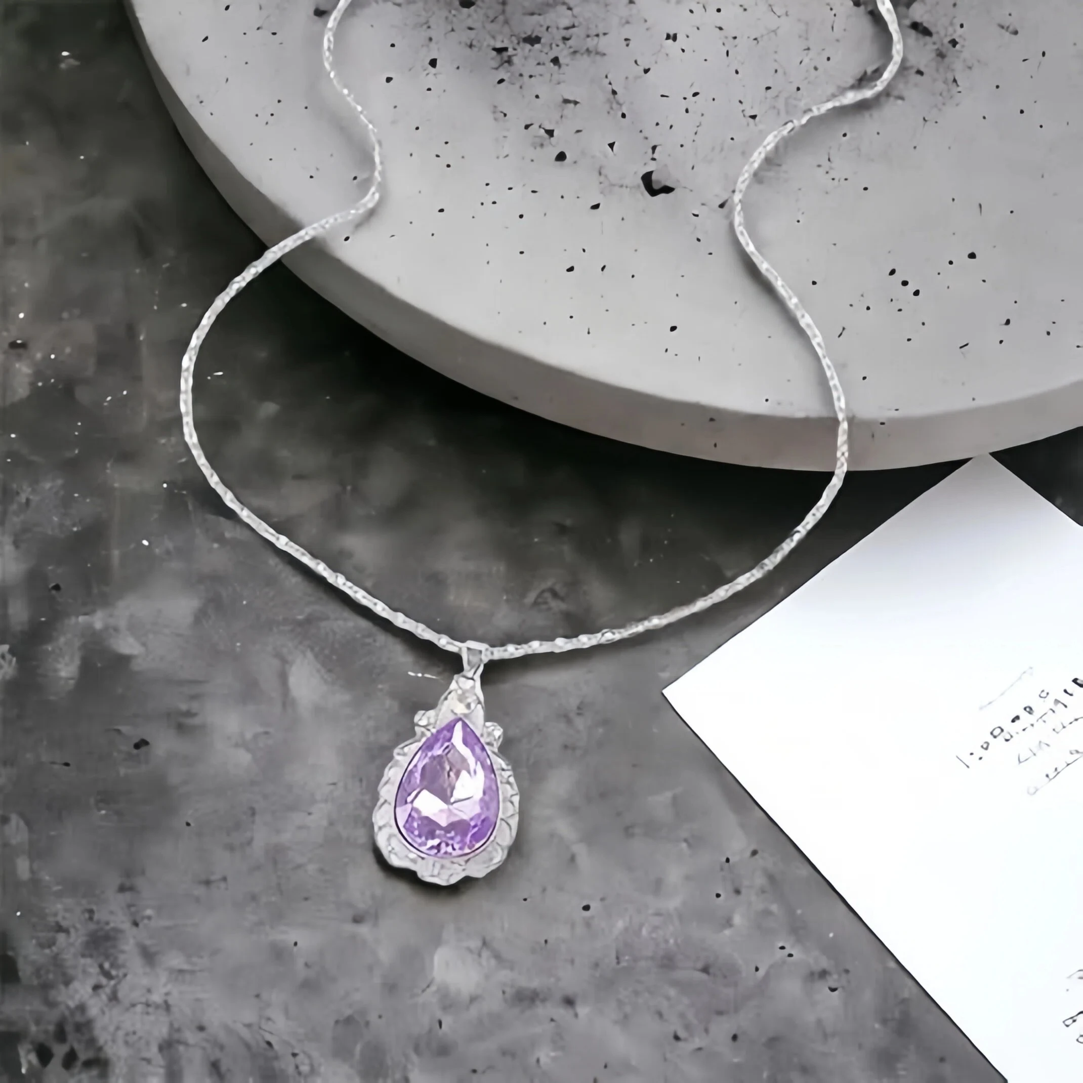 (Sofia) Necklace—Teardrop-shaped amethyst pendant amulet; Princess Sofia dress-up jewelry designed specifically for little girls.
