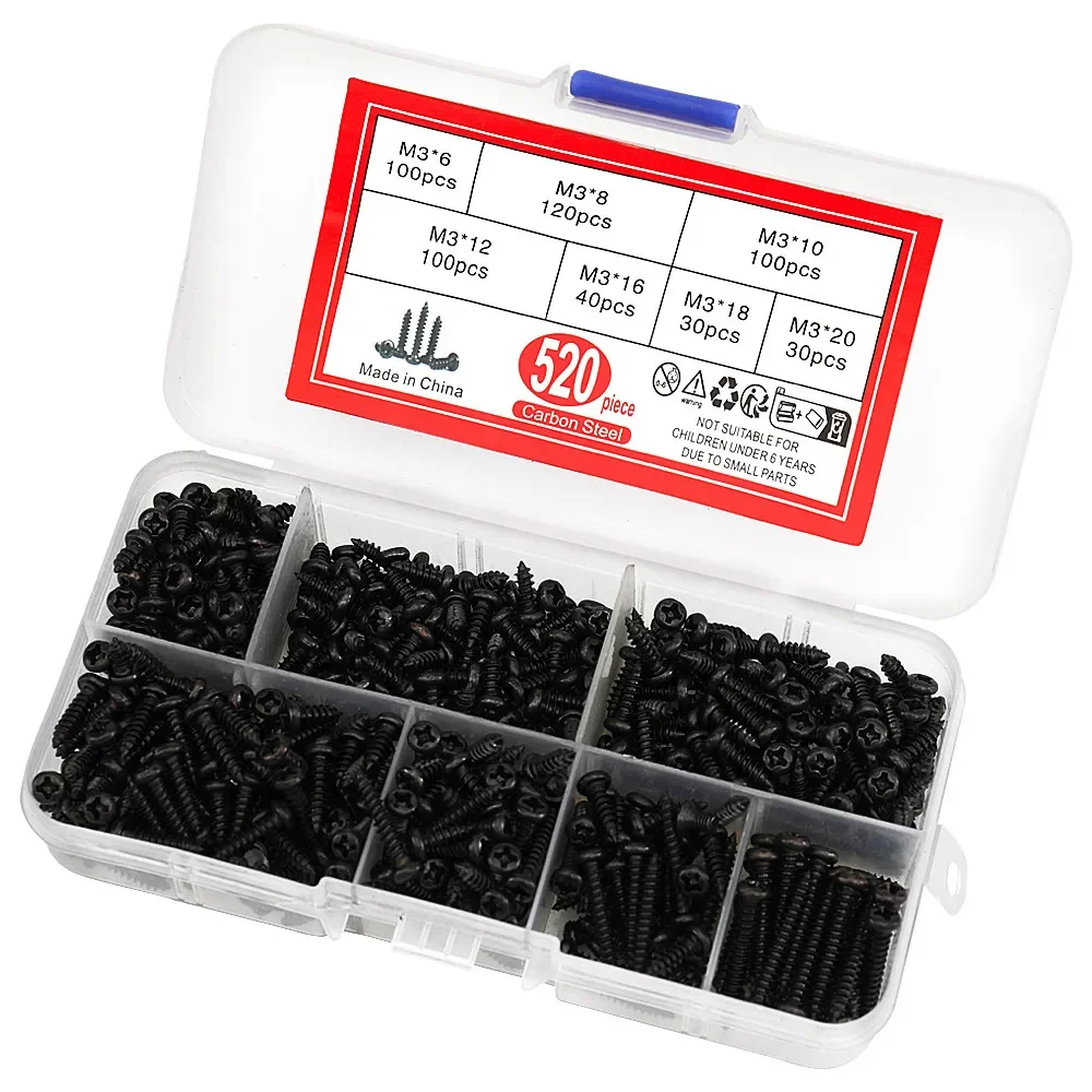 520PCS M3 Self Tapping Screws Phillips Pan Head Hardened Carbon Steel Black Assortment Kit for Plastic Wood