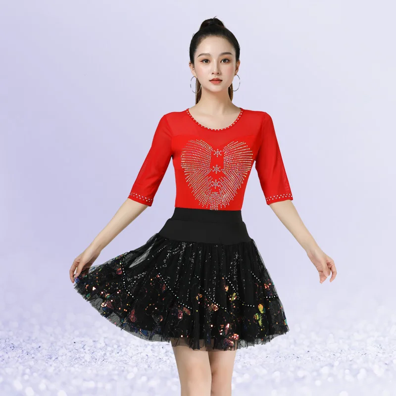 Square Dance Modern Dance Top New Peach Heart Diamond Set Mid sleeved Shirt Slim Fit Performance Gitba Latin Dance Dress