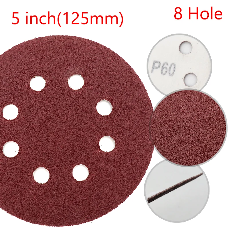 5Inch 8-Hole Hook Loop Red Sanding Discs 125mm 40 Grit~2000 Grit for Car Paint Furniture Rust Removal DIY