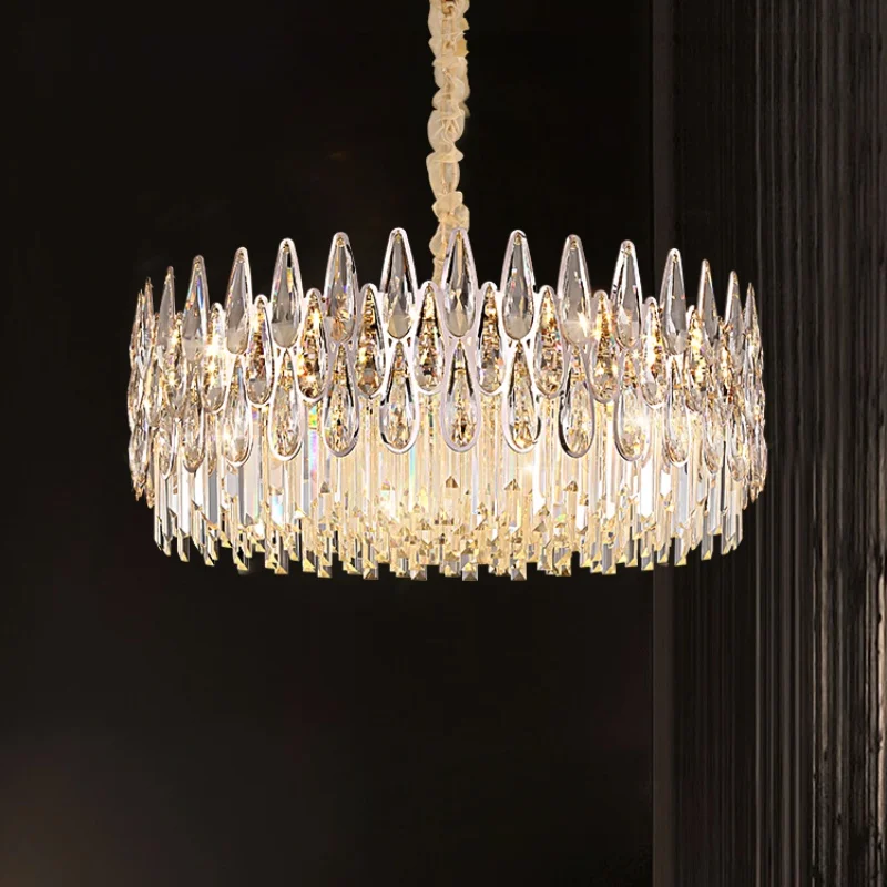Modern Light Luxury Crystal Lamp Duplex Building for Living Room Chandelier Building Stairway Long Chandelier Villa Hollow Post