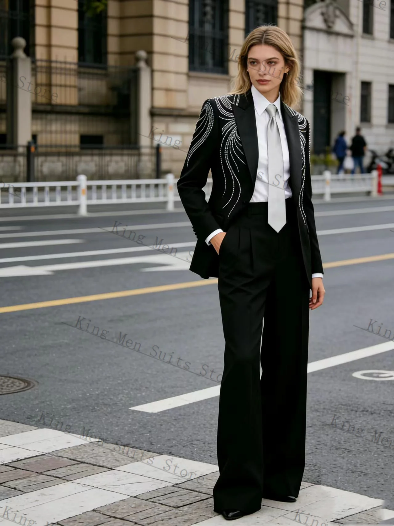 Black Women Suit Set 2 Pcs Blazer+Pants Trousers Crystals Spring Customized Formal Office Wedding Tuxedos Coat Prom Jacket