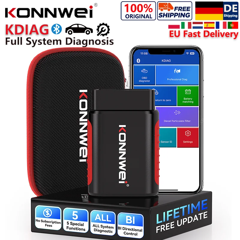 2026 KONNWEI KDIAG Bluetooth 5.0 Auto-Diagnosegerät für das gesamte System, OBD2, Fehlercodeauslese, Löschen von Fehlern, ECM, EPB, DPF, Öl-Reset, SRS, SAS, TPMS-Sensor-Scanner für iOS & Android,