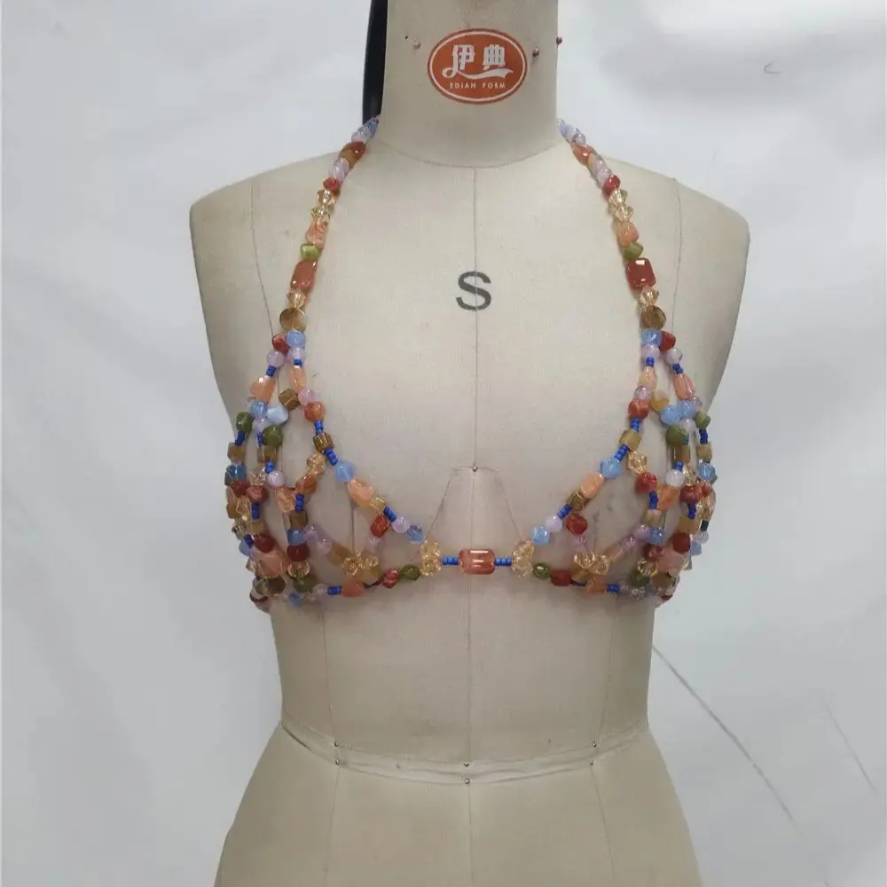 New Handmade Beaded Gemstone Necklace European & American Summer Beach Vacation Halter Necklace Openwork Beach Cover-Up