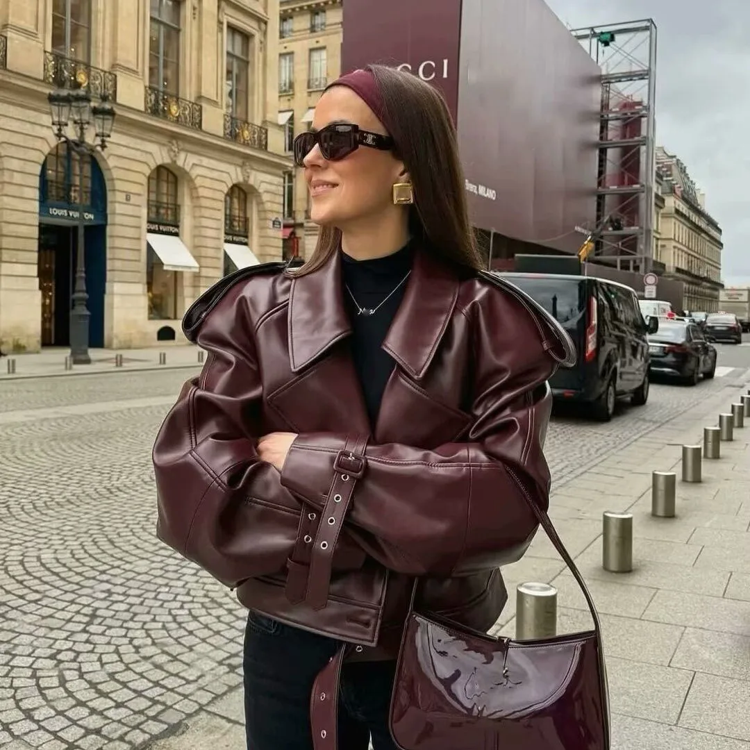 

2025 женская кожаная куртка из искусственной кожи в стиле ретро, осенне-зимняя женская темпераментная короткая куртка с лацканами, уличная мотоциклетная куртка, тренд