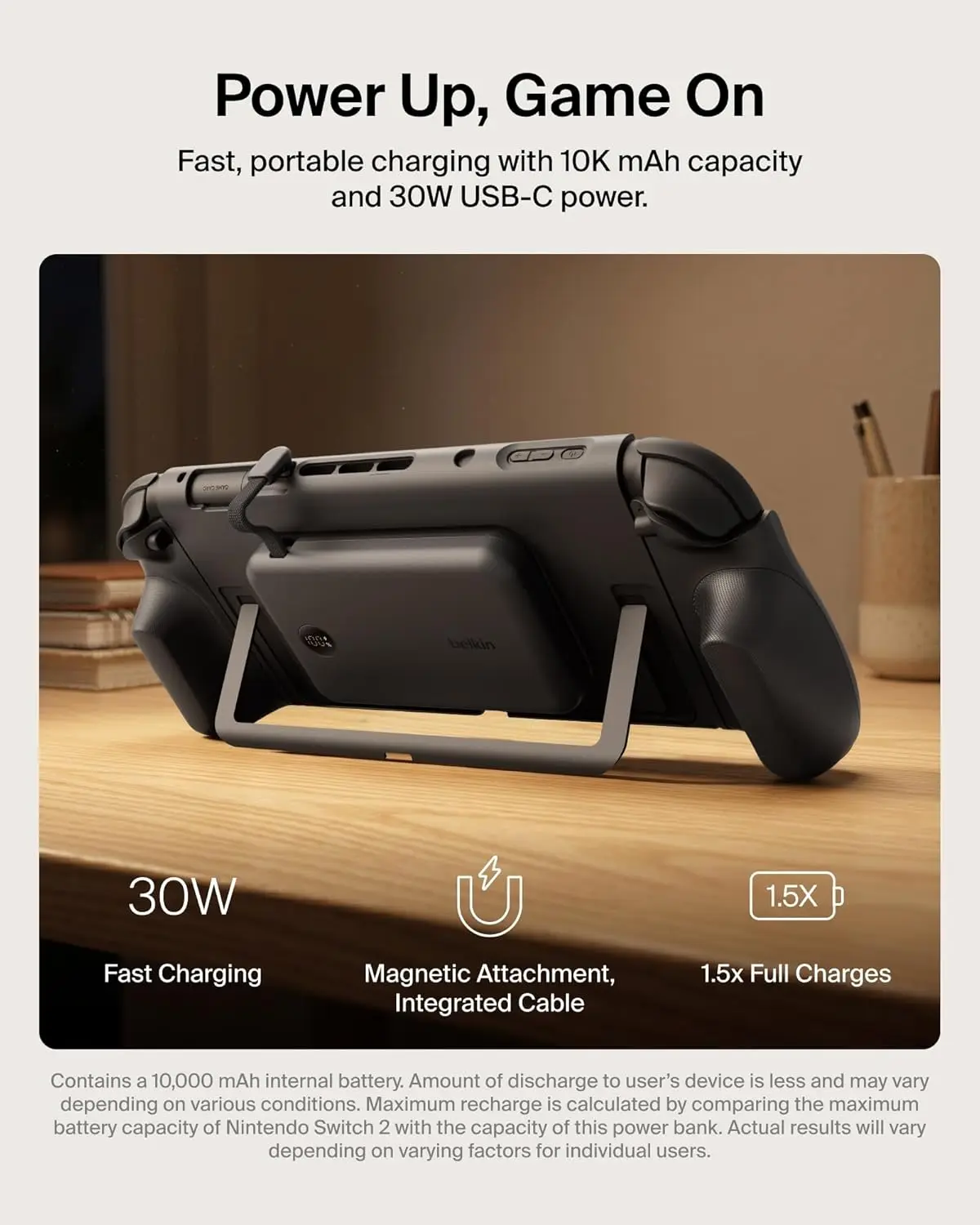 Switch 2 Case Grip, 10000mAh Magnetically Attachable Power Bank with Digital Display, Dockable, Kickstand for Nintendo Switch 2