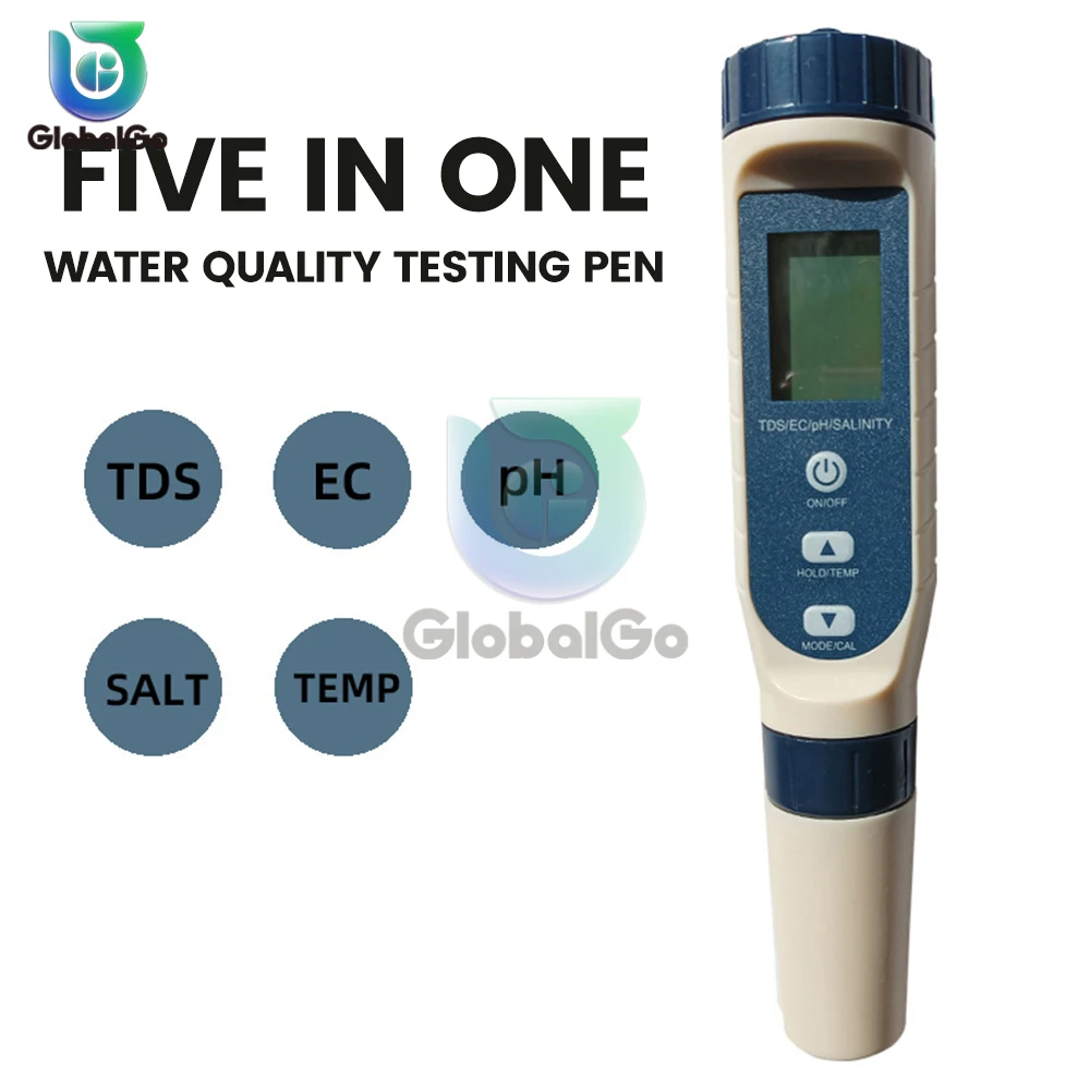 5 in 1 TDS/EC/PH/Salinity/Temperature Meter Digital Water Quality Monitor Tester for Pools, Drinking Water, Aquariums