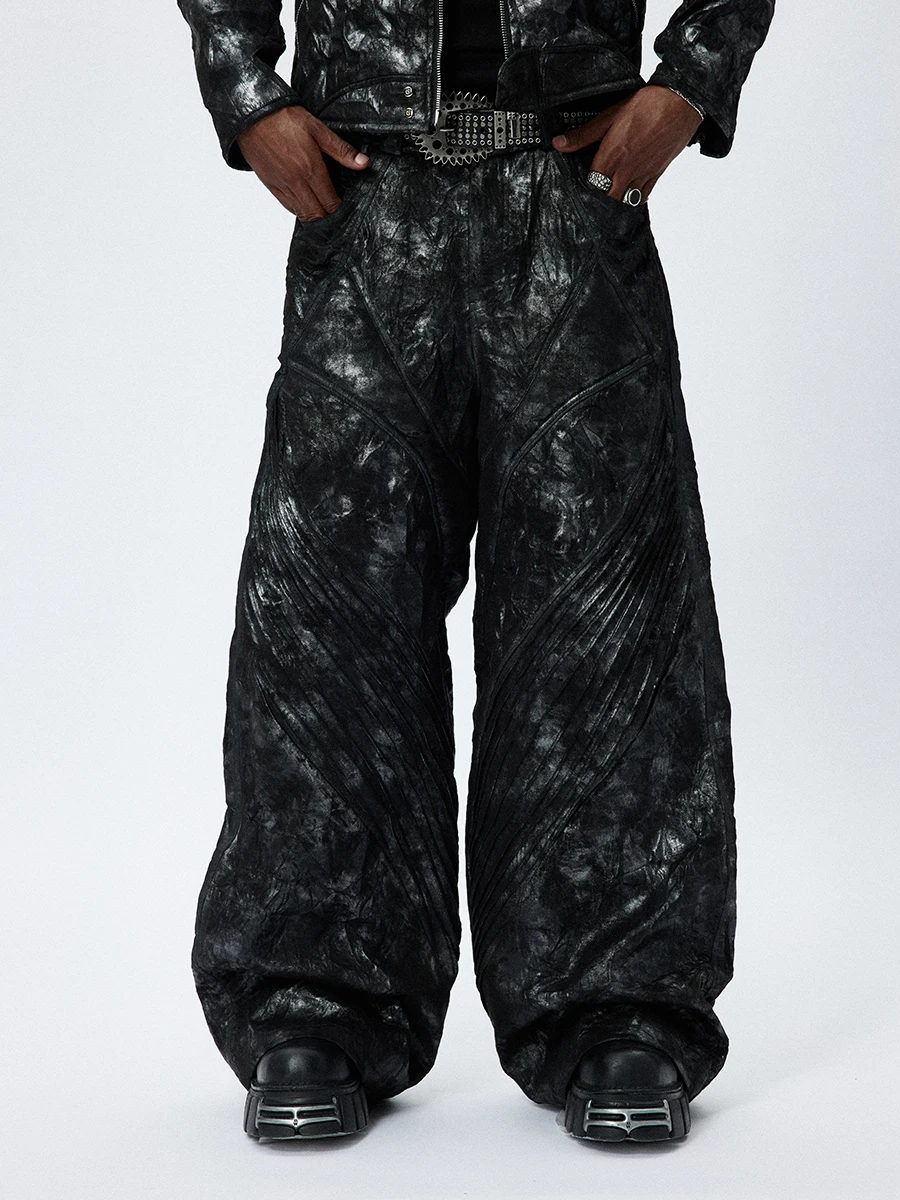 

Niche Design American Street Hip Hop Motorcycle Heavy Industry Fold Leather Pants Wide Leg Cargo Pants