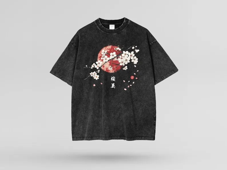 Personalidade roupas ondas japonesas oversize neve lavada camiseta, unisex adequado para todas as estações lavado vintage solto respirável