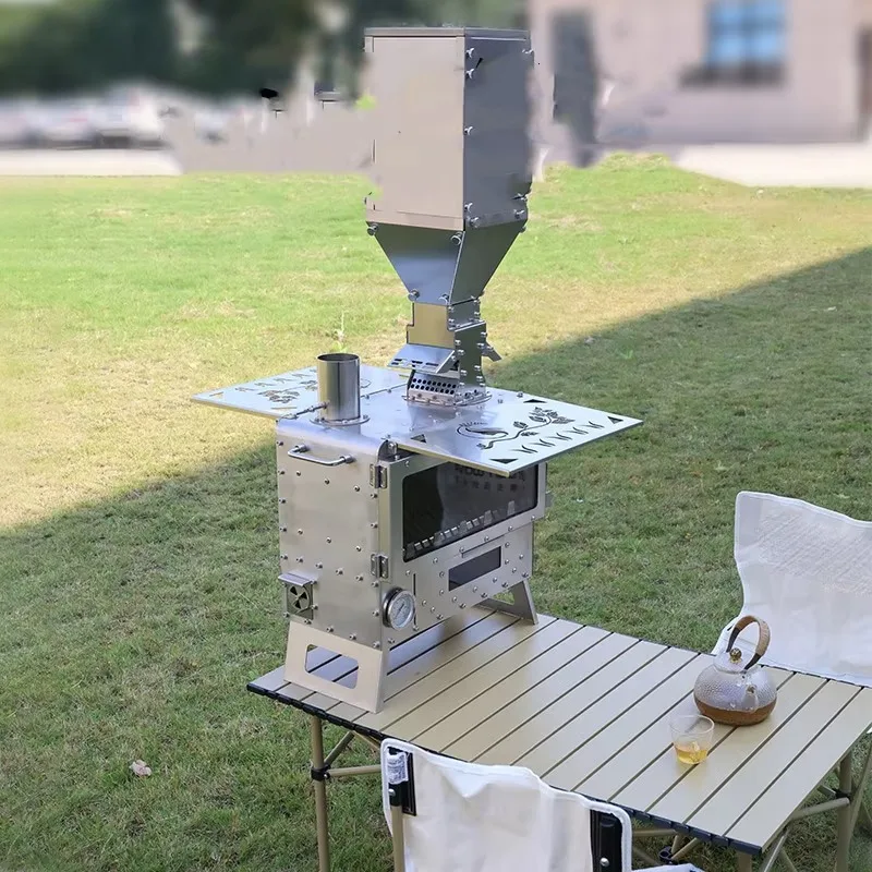 Outdoor camping pellet wood stove lighting, stainless steel multifunctional convenient heating barbecue grill