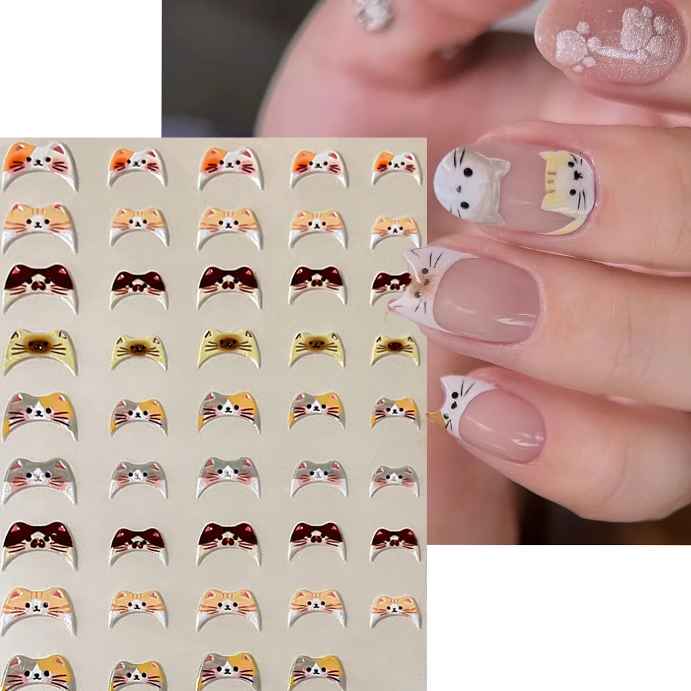 

5D Kawaii Cat Face Ear Nail Art Stickers Cute Cat Expressions French Style Nail Decals Cat Self Adhesive Nail Art Accessories
