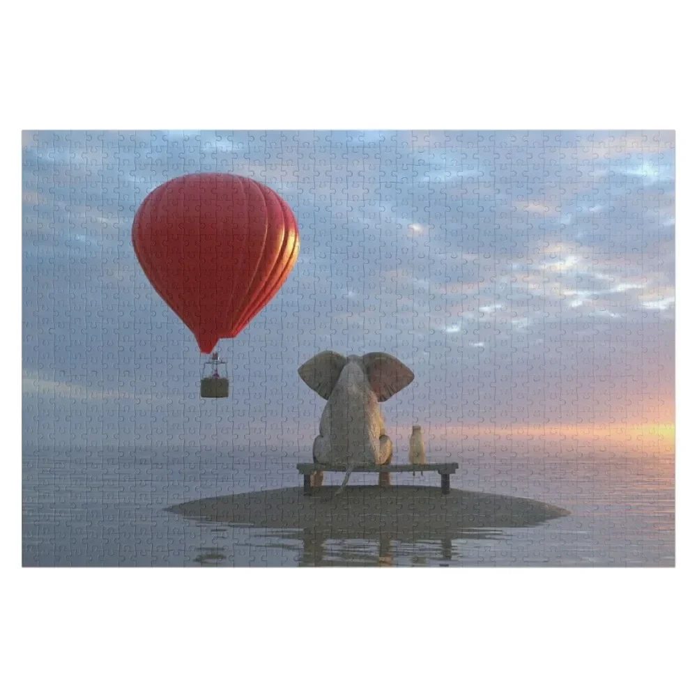 

Elephant and Dog sit on a small island and looking on hot air balloon Jigsaw Puzzle Personalized Toy Children Puzzle