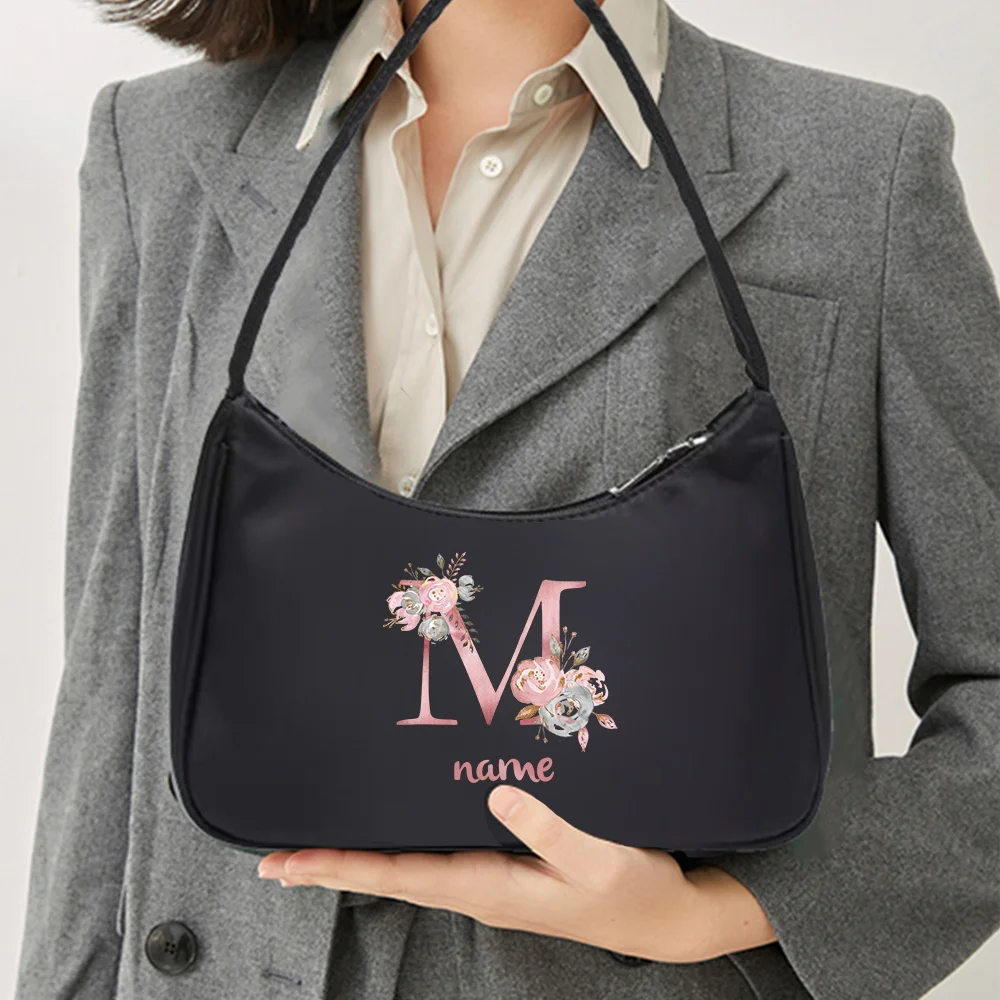 Personalized Customized Handbag Armpit Bag Mobile Wallet Large Capacity Black Nylon Work and Commuting Bag Pink Letter Series