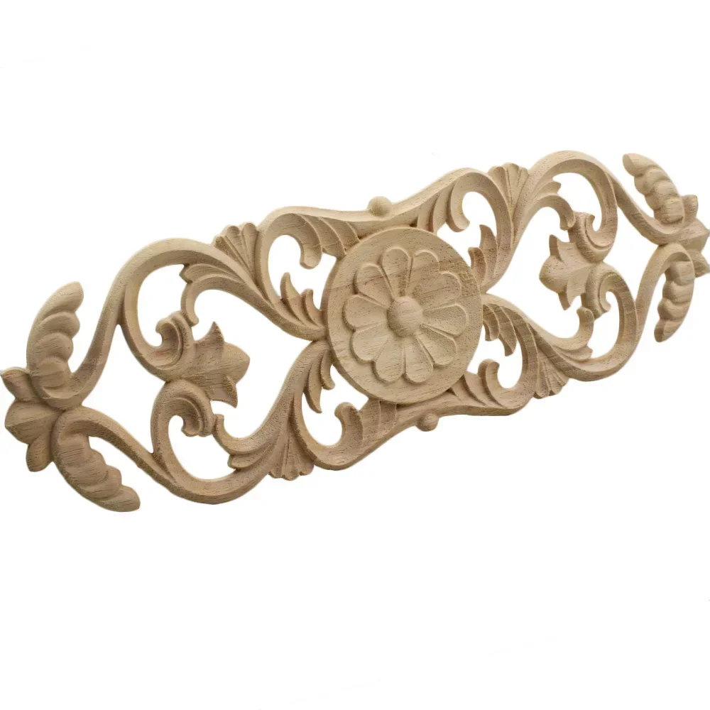 2PCS Wood Figurines Mouldings Decal Carved Decor Modern Leaves Oval Flower Rubber Wooden Furniture Doors Walls Corner Home Decor
