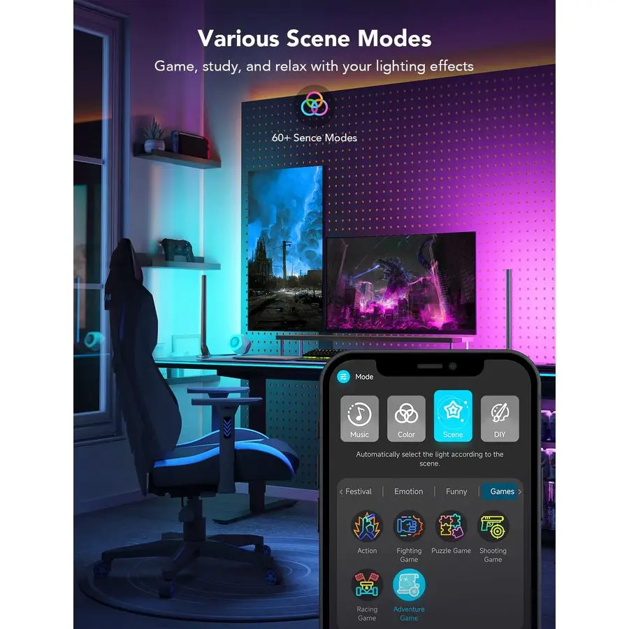 قضبان إضاءة للألعاب RGBIC H6047 مع وحدة تحكم ذكية، وأضواء ألعاب LED ذكية WiFi مع أوضاع موسيقى و60 وضعًا للمشهد المدمج، Wor #6