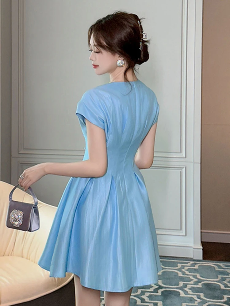 Elegant Luxury Blue Satin Summer Fashion Ball Gown Evening Dress Women Clothes Sweet O-Neck Slim Short Party Prom Vestido Fiesta