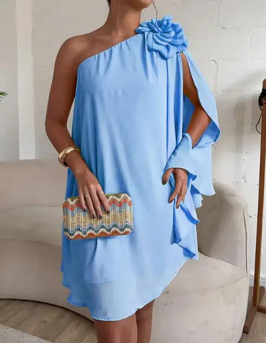 Women Dresses New Style Fashion Women's One Shoulder Sleeveless 3D Flower Decor Mini Dress Female Casual A Line Vacation Dress